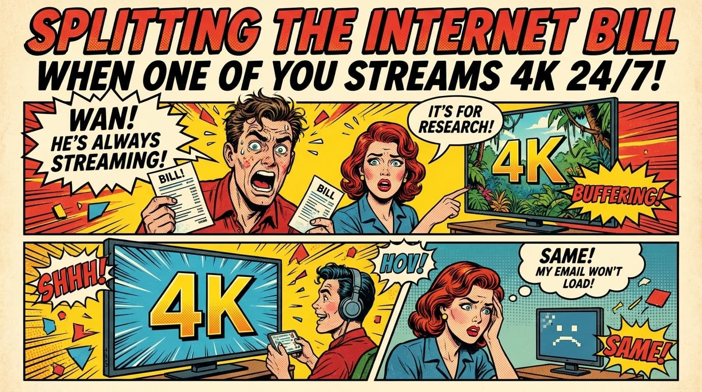 Retro comic book cover illustration of a WiFi router with roommates fighting over bandwidth in the background, with bold colors and halftone textures