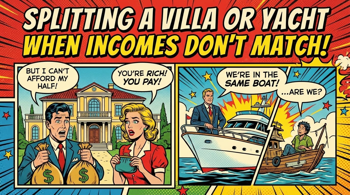 Retro comic book cover illustration of friends splitting the cost of a luxury villa by the pool, with bold colors and halftone textures
