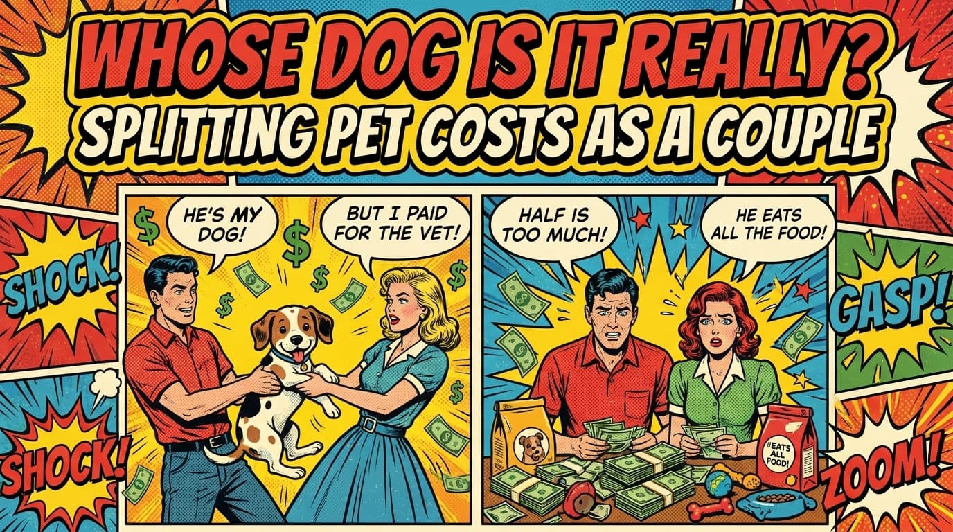 Retro comic book cover illustration of a couple with a dog and cat, surrounded by vet bills and pet supplies, bold colors and halftone textures