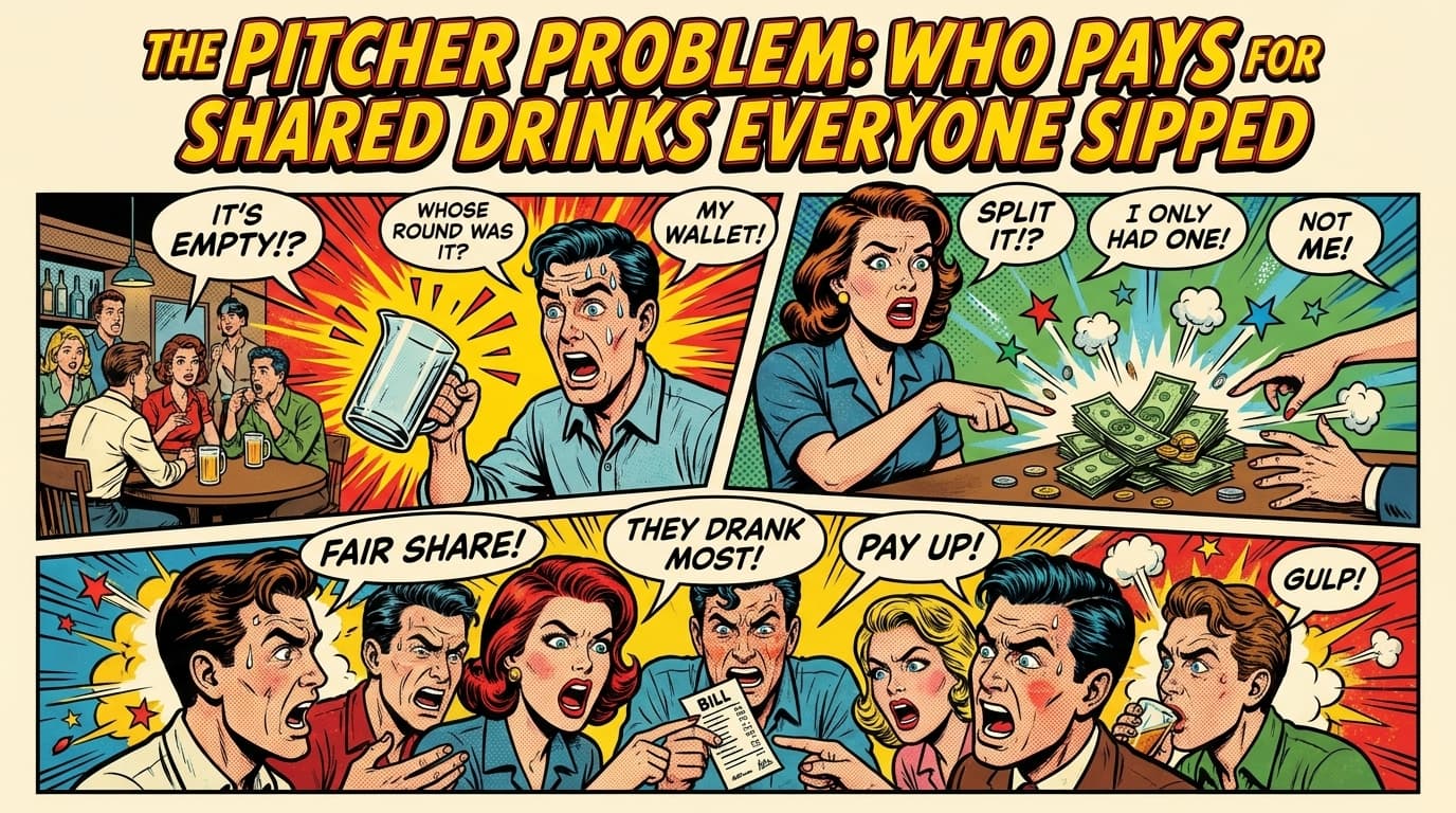 Retro comic book cover illustration of a pitcher of beer being shared across a table with question marks above glasses, with bold colors and halftone textures