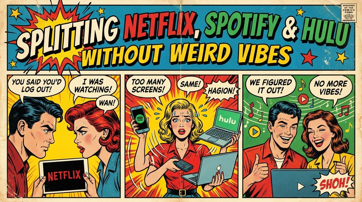Retro comic book cover illustration of a TV showing multiple streaming logos with roommates arguing over the remote, with bold colors and halftone textures
