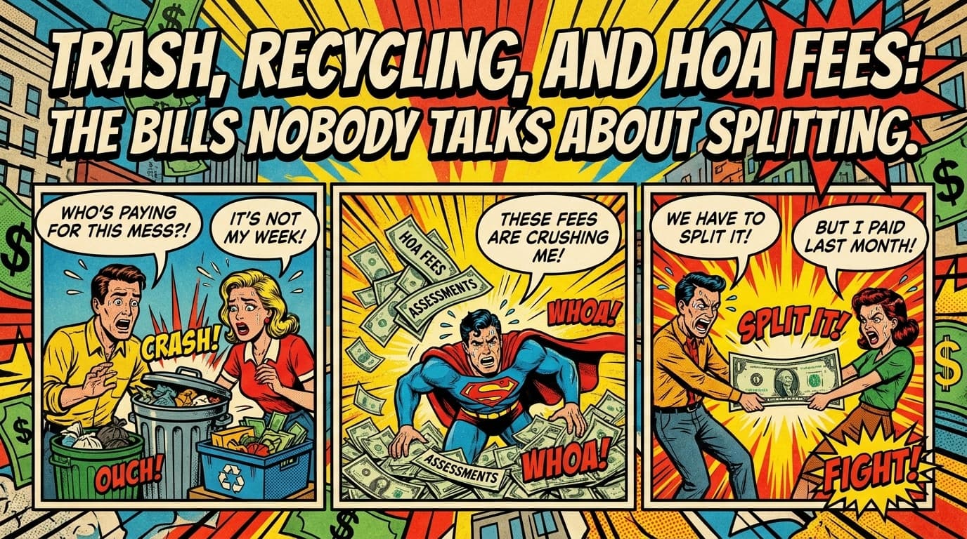 Retro comic book cover illustration of trash bins, recycling bins, and bills overflowing in the foreground with roommates in the background, bold colors and halftone textures