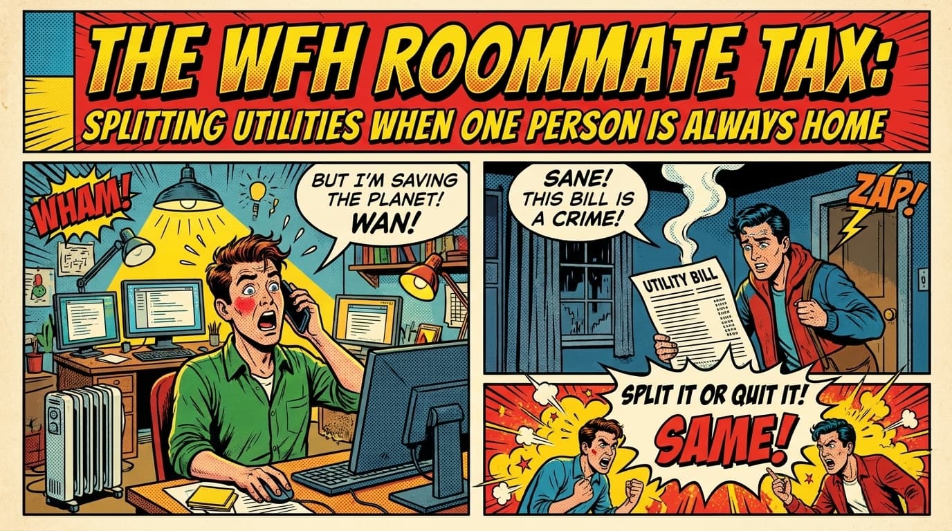 Retro comic book cover illustration of a roommate working from home with the AC blasting, with bold colors and halftone textures