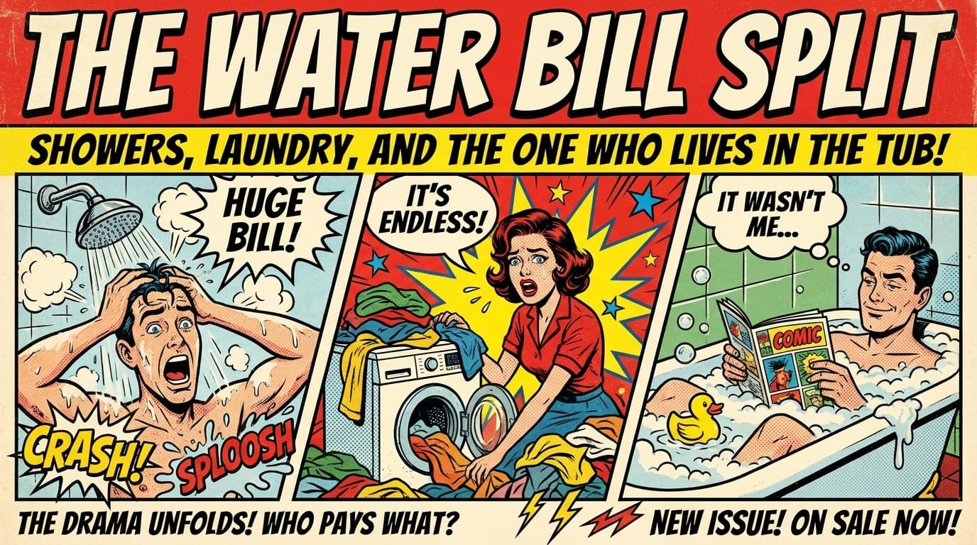 Retro comic book cover illustration of a steamy bathroom with a long shower running, roommates outside the door with timers, bold colors and halftone textures