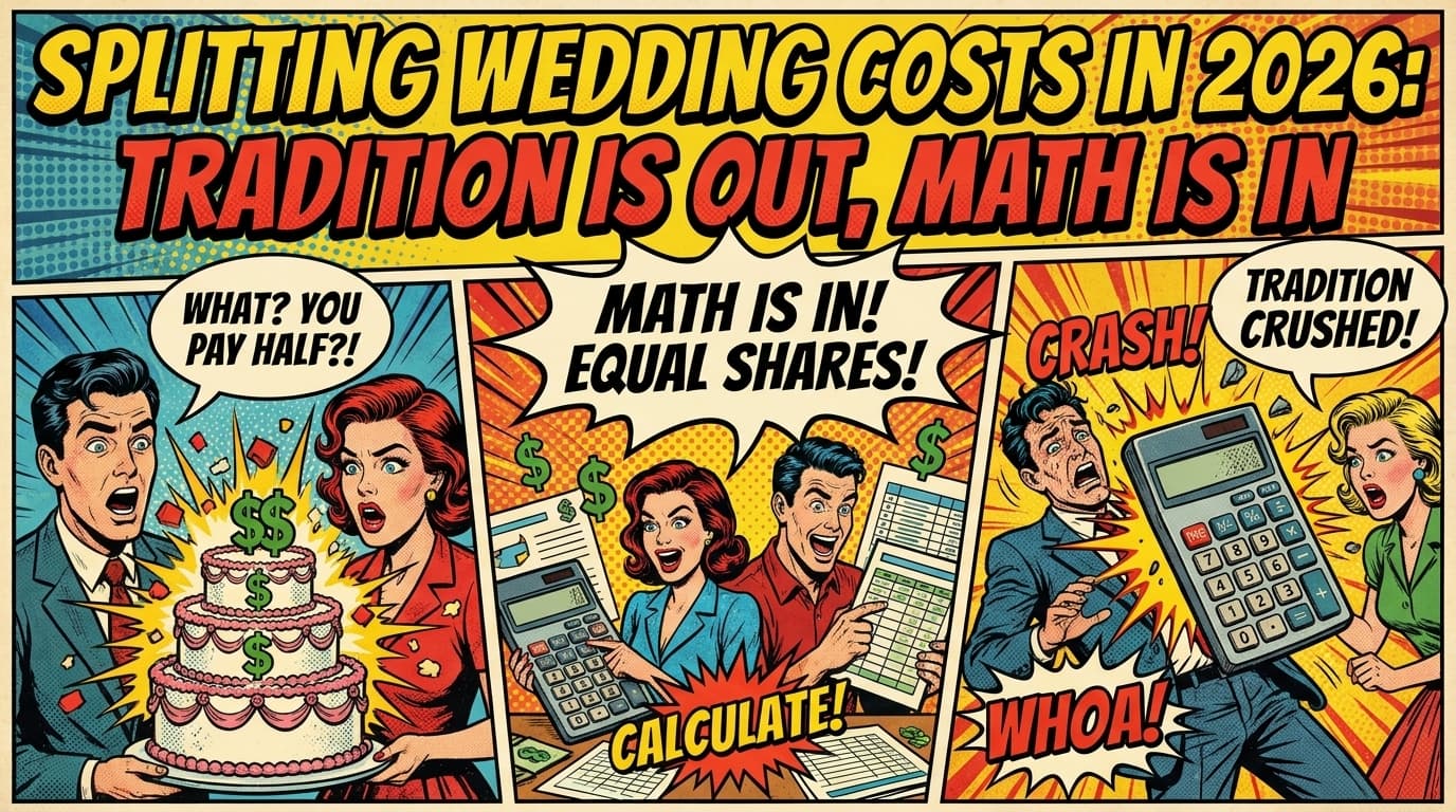 Retro comic book cover illustration of a couple splitting a giant wedding cake with bold colors and halftone textures