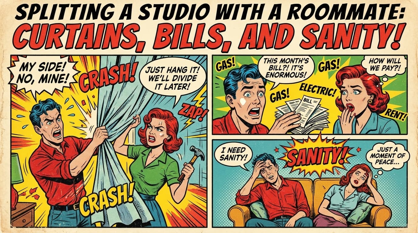 Retro comic book cover illustration of a studio apartment with a divider curtain and two beds, two roommates living in close quarters, bold colors and halftone textures