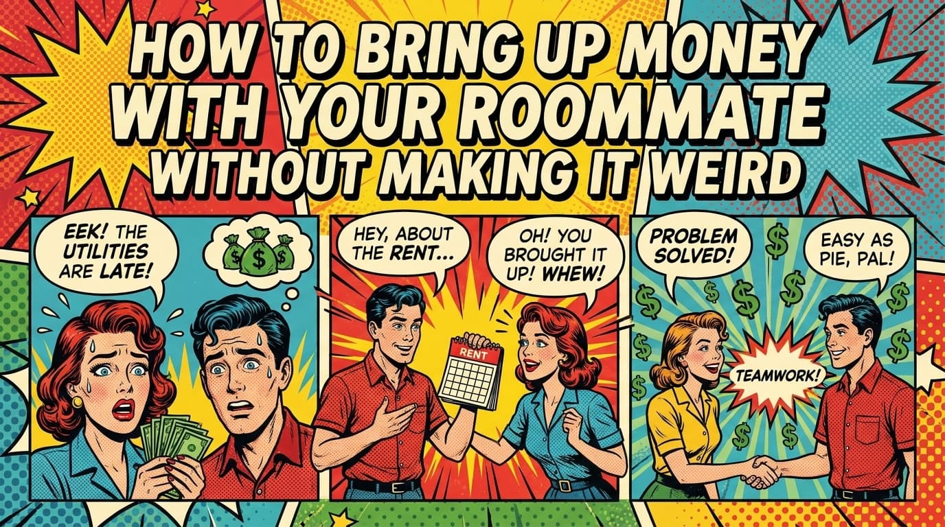 Retro comic book cover illustration of two roommates having an awkward conversation at the kitchen table with money on the table, with bold colors and halftone textures