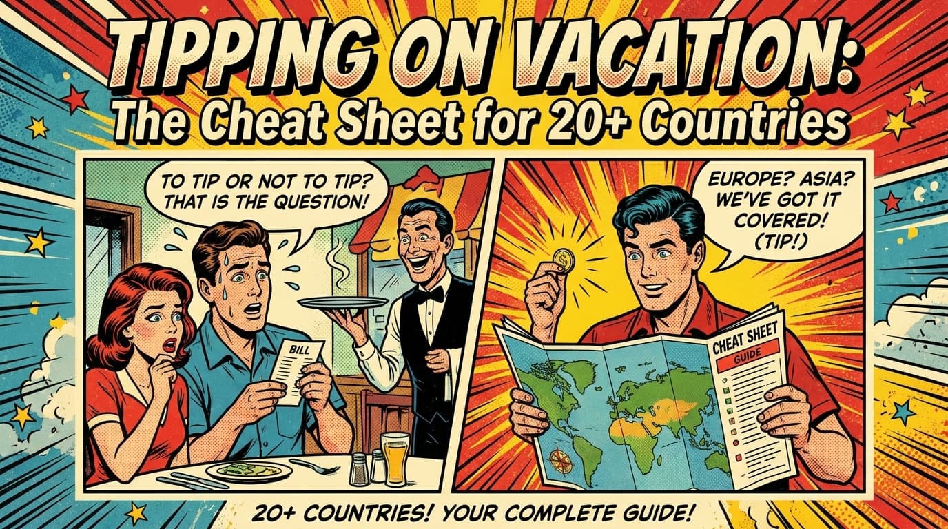 Retro comic book cover illustration of a traveler comparing different currency bills across a world map, with bold colors and halftone textures