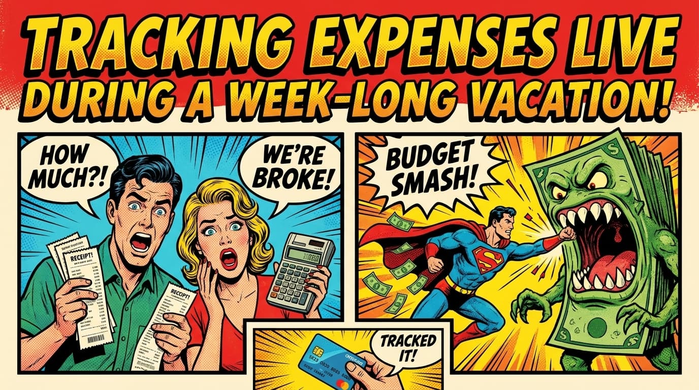 Retro comic book cover illustration of friends on vacation tracking shared expenses in real time on a phone, with bold colors and halftone textures