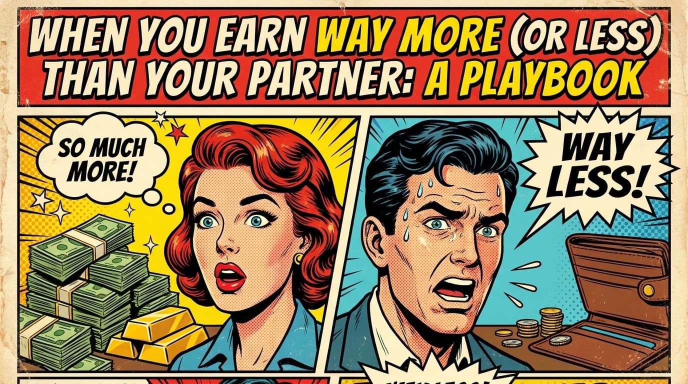 Retro comic book cover illustration of a couple standing on uneven scales with bold colors and halftone textures