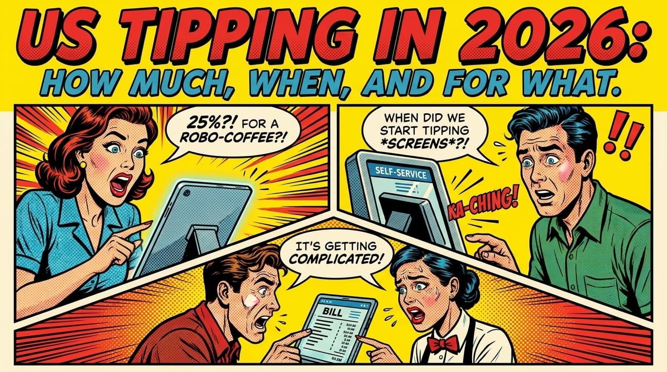 Retro comic book cover illustration of a tipping screen flipping around, with bold colors and halftone textures