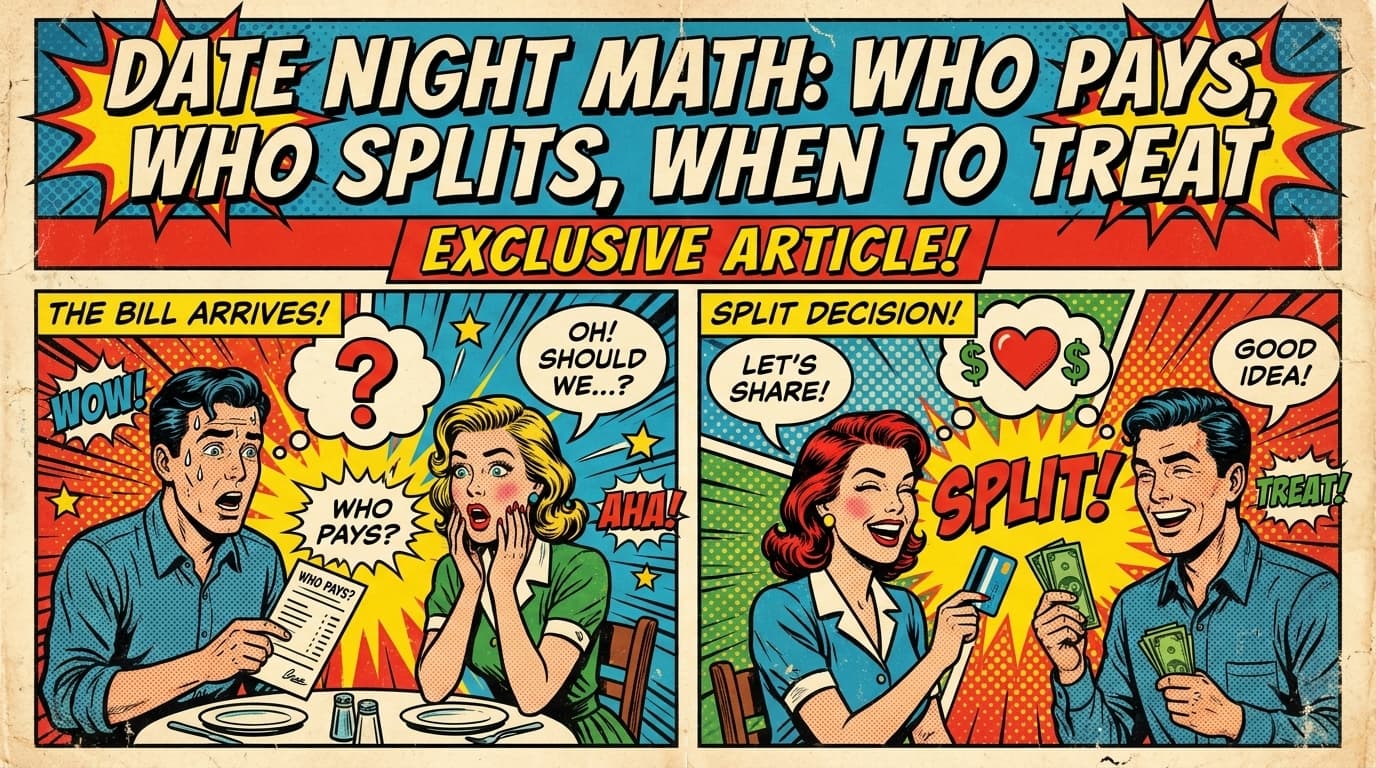 Retro comic book cover illustration of a couple at dinner reaching for the check with bold colors and halftone textures