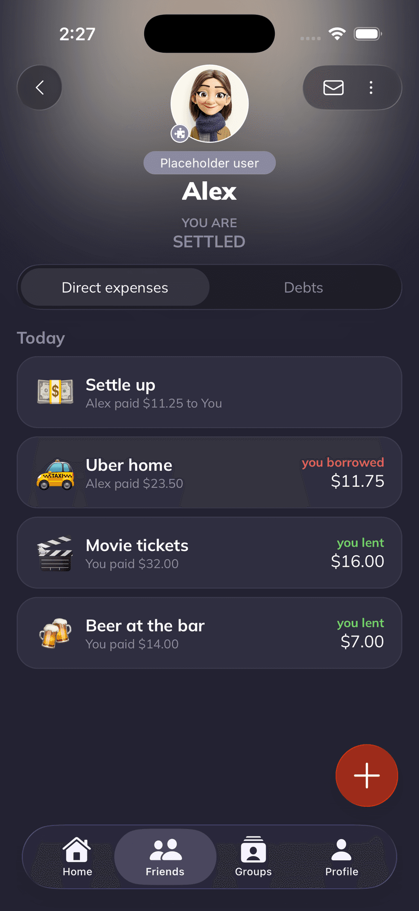 Supasplit friend detail view showing a running balance across shared expenses