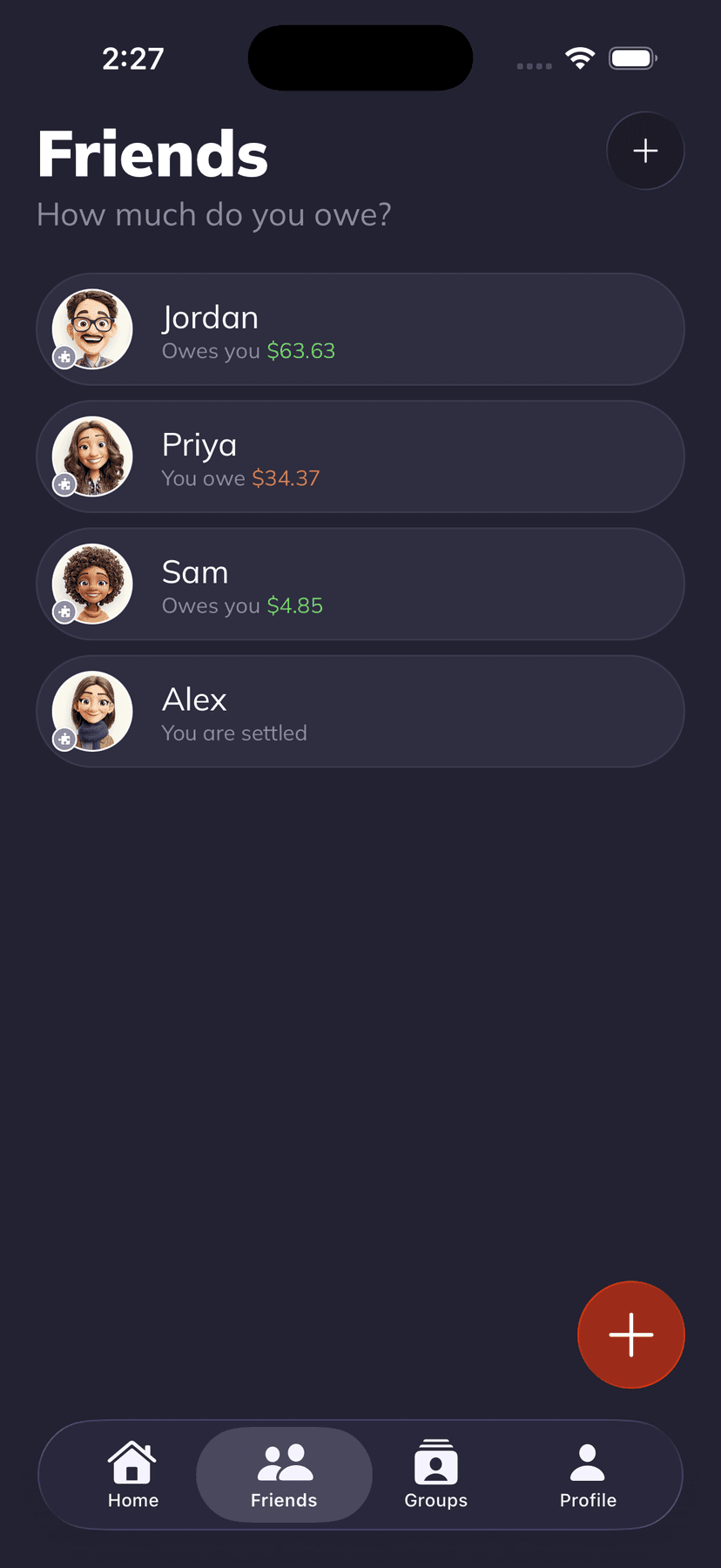 Friends list with balances