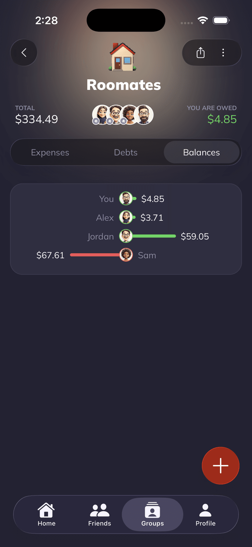 Roommate balances inside a Supasplit group