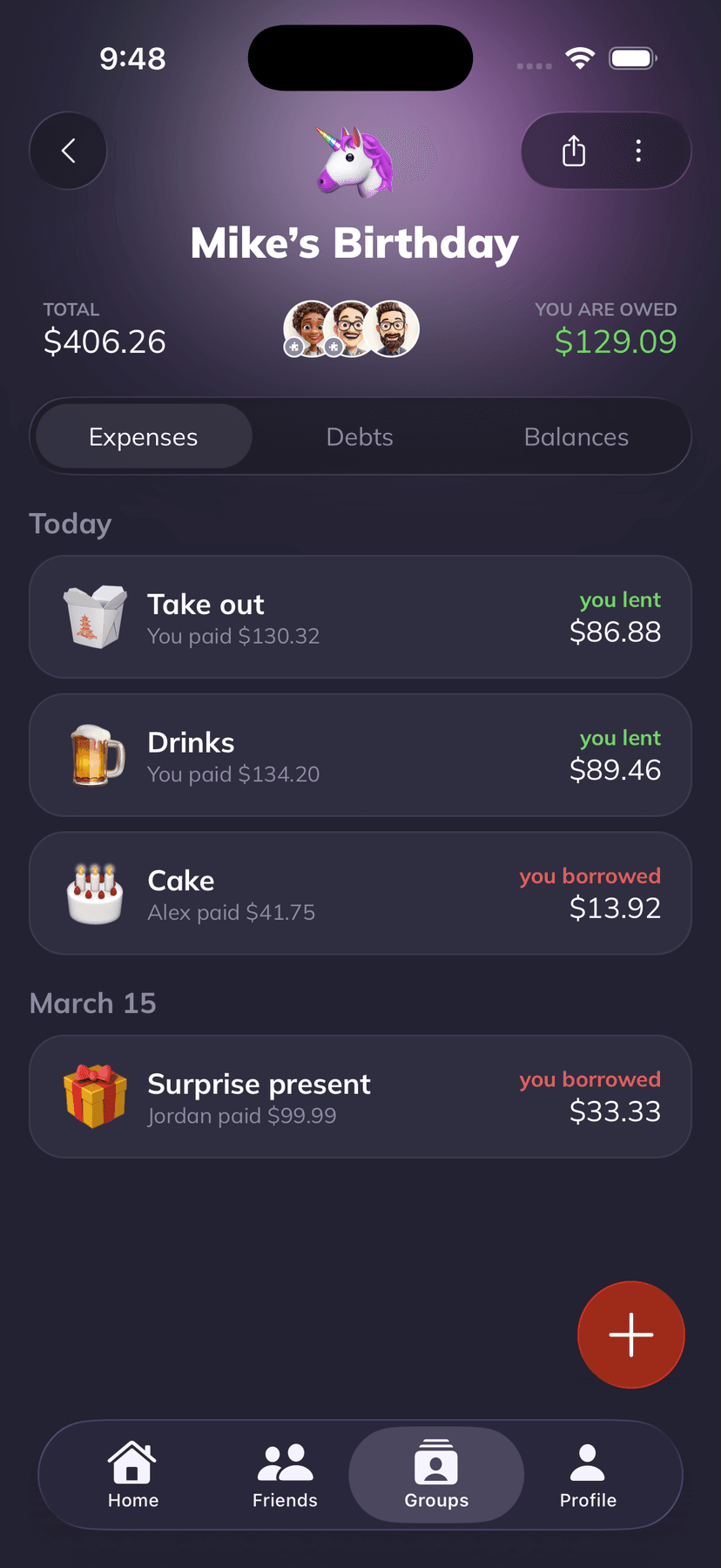Supasplit group view showing a roommate apartment with monthly bills tracked