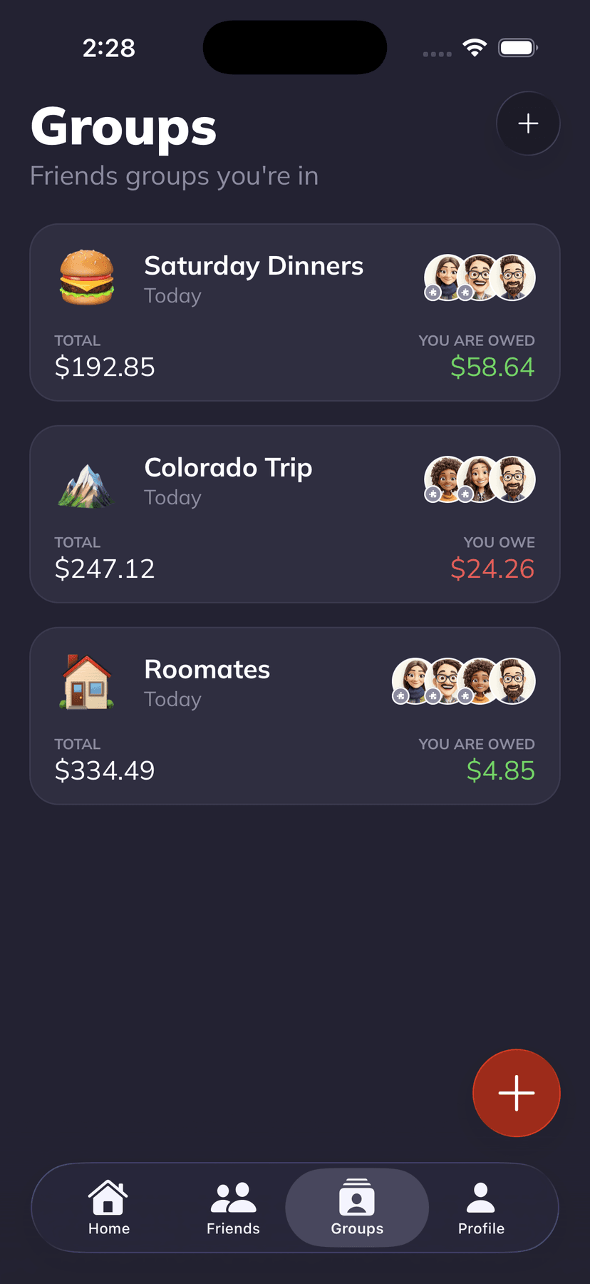 Groups list with balances