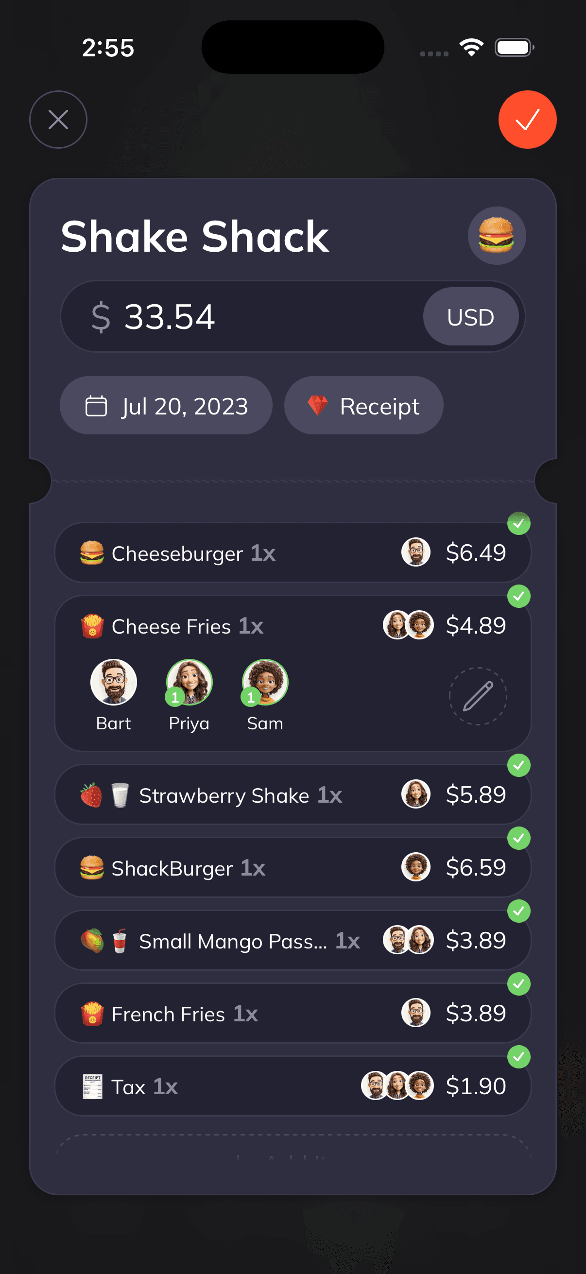 Receipt item assignment