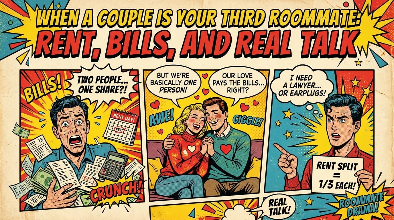 Retro comic book cover illustration of a couple and a single roommate in a shared apartment, bold colors and halftone textures