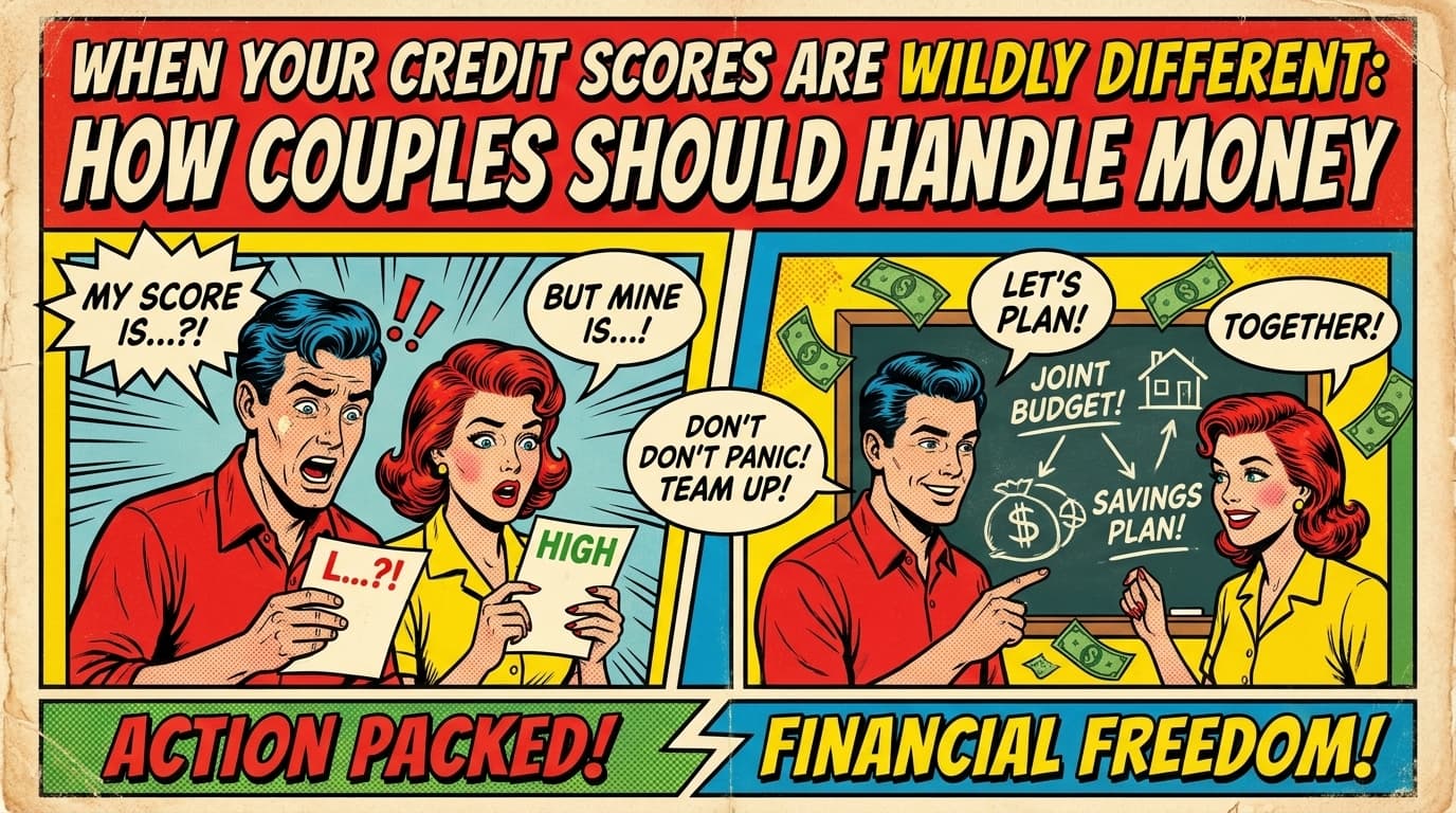 Retro comic book cover illustration of two credit score gauges next to a couple holding a contract and a house, bold colors and halftone textures