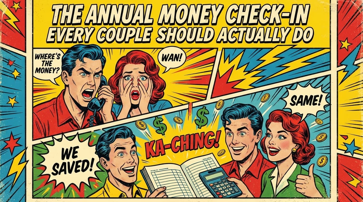 Retro comic book cover illustration of a couple at a table with laptops and coffee doing an annual review with bold colors and halftone textures