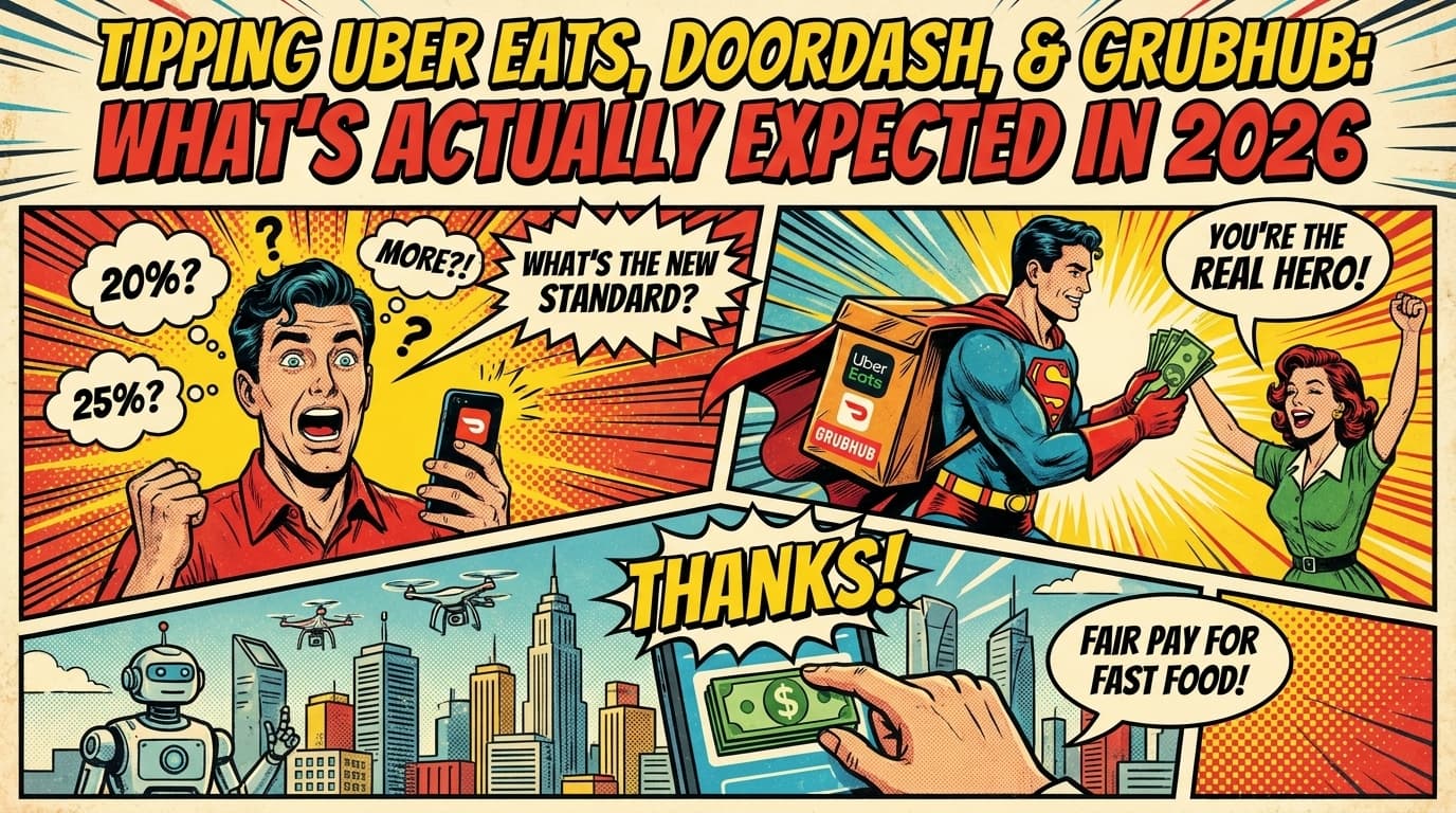 Retro comic book cover illustration of a delivery driver holding a food bag at a doorstep with a tip jar, bold colors and halftone textures