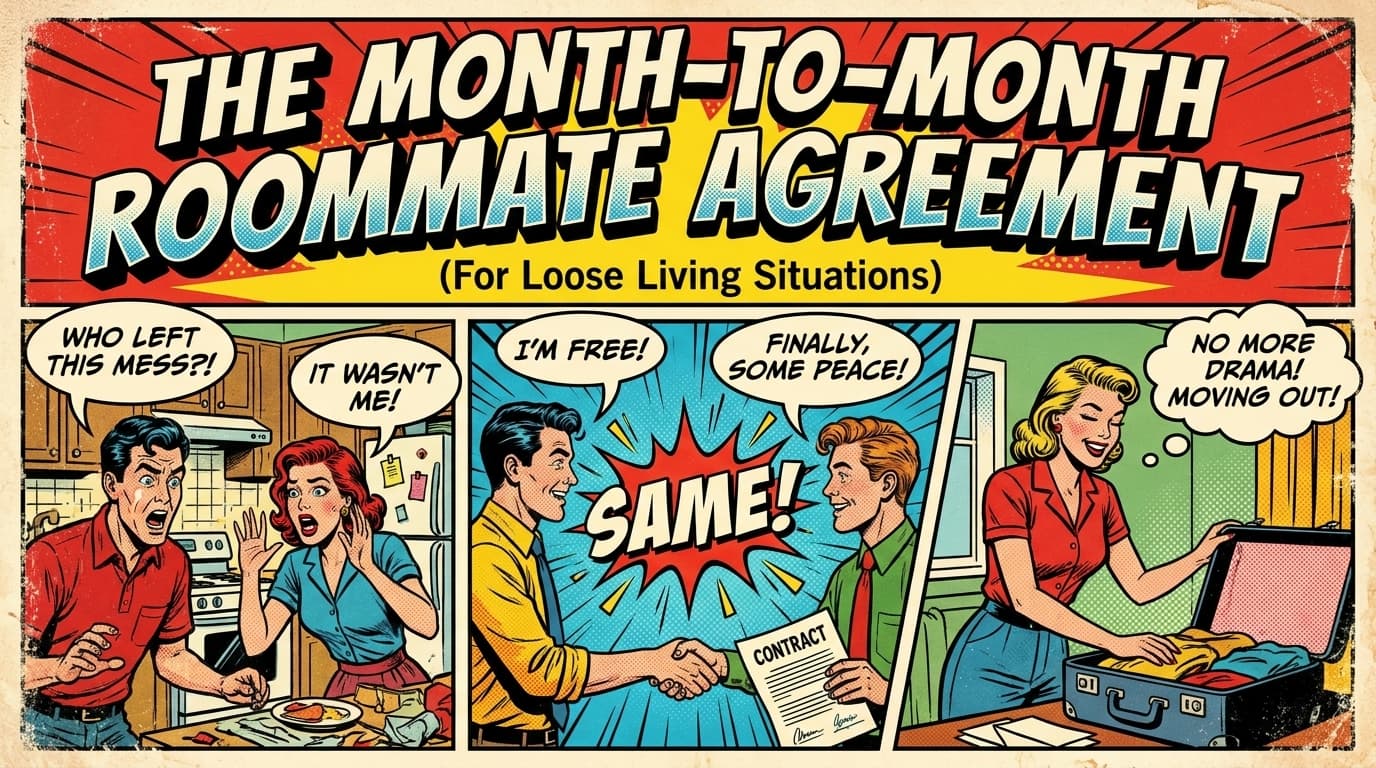 Retro comic book cover illustration of a calendar with circled months and roommates packing and unpacking boxes, bold colors and halftone textures