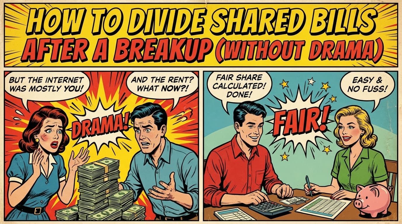 Retro comic book cover illustration of a couple dividing belongings after a breakup, with bold colors and halftone textures