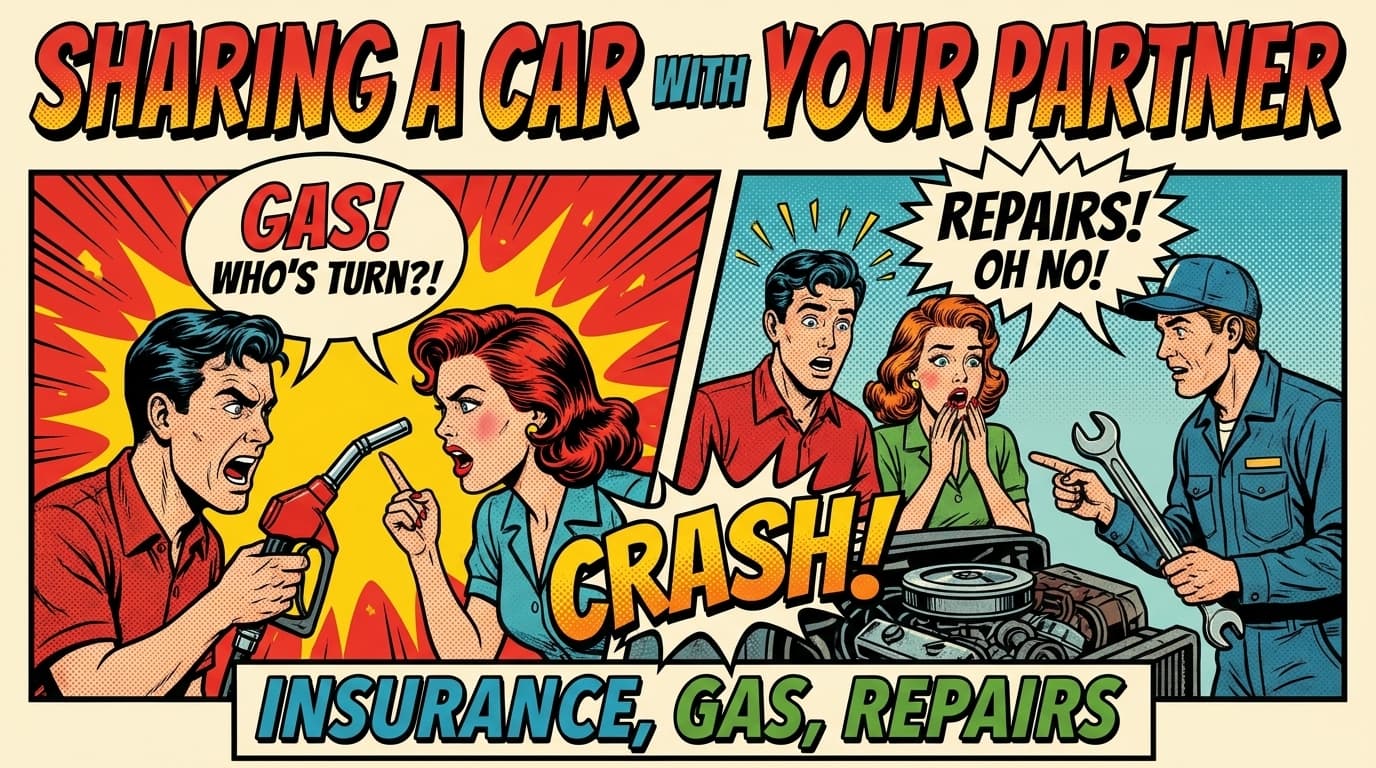 Retro comic book cover illustration of a couple with keys standing by a shared car with bold colors and halftone textures