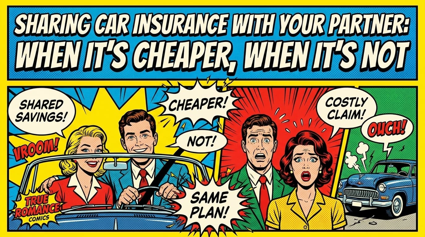 Retro comic book cover illustration of a couple standing by a car with insurance documents and shield icons, bold colors and halftone textures