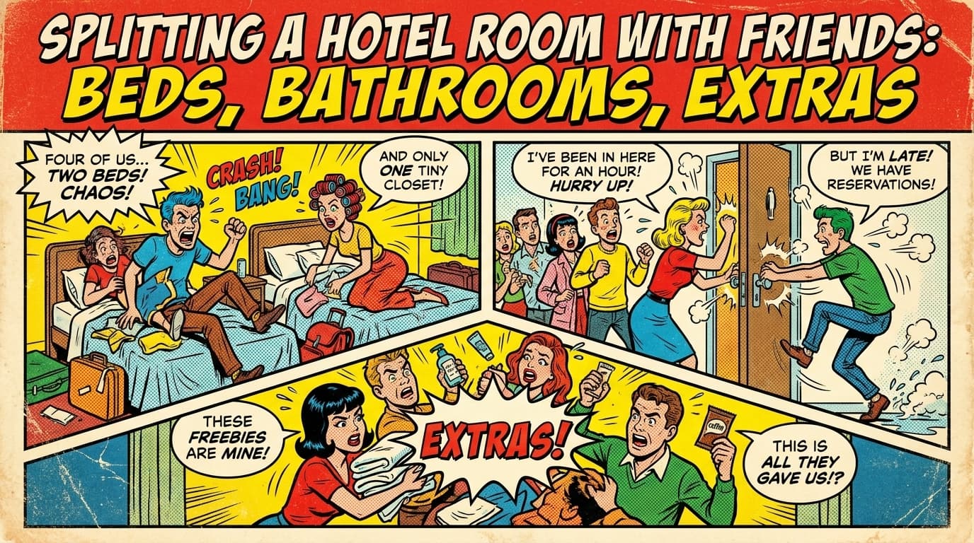 Retro comic book cover illustration of friends in a hotel room with two beds and a balcony, bold colors and halftone textures