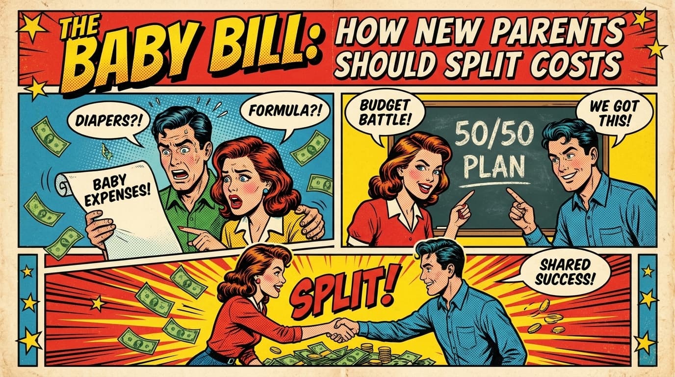 Retro comic book cover illustration of parents with a baby, stroller, diapers, and a stack of receipts, bold colors and halftone textures
