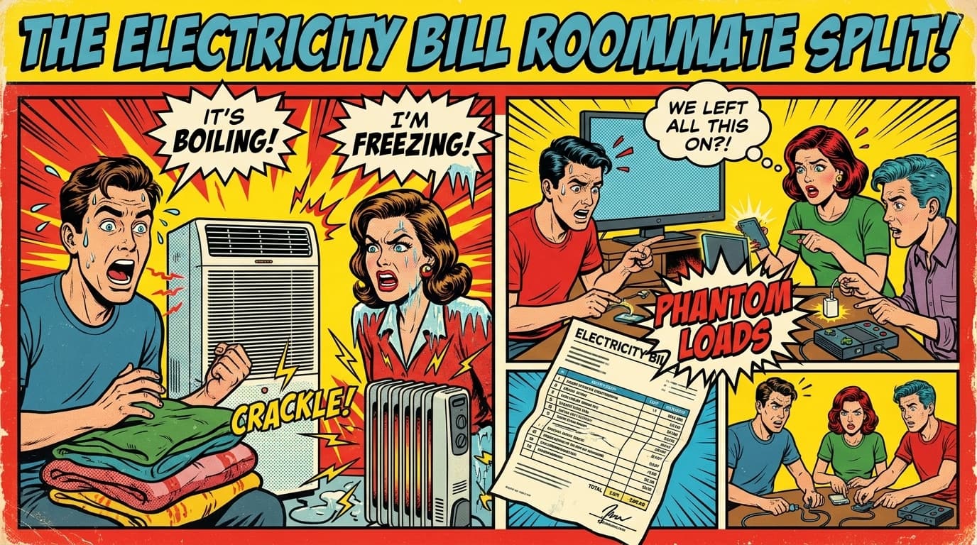 Retro comic book cover illustration of roommates arguing under a glowing lightbulb with a thermostat and electric meter, bold colors and halftone textures