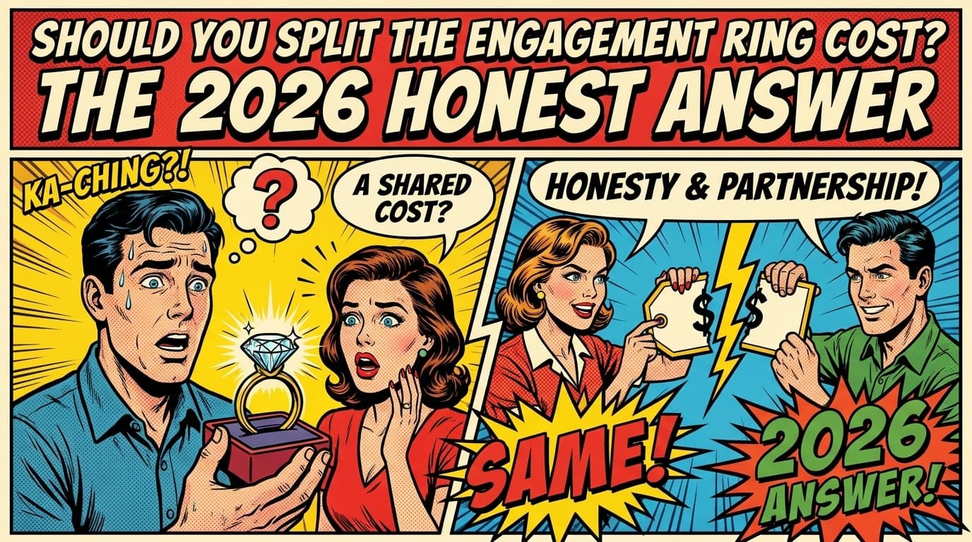 Retro comic book cover illustration of two hands exchanging an engagement ring with a price tag, bold colors and halftone textures