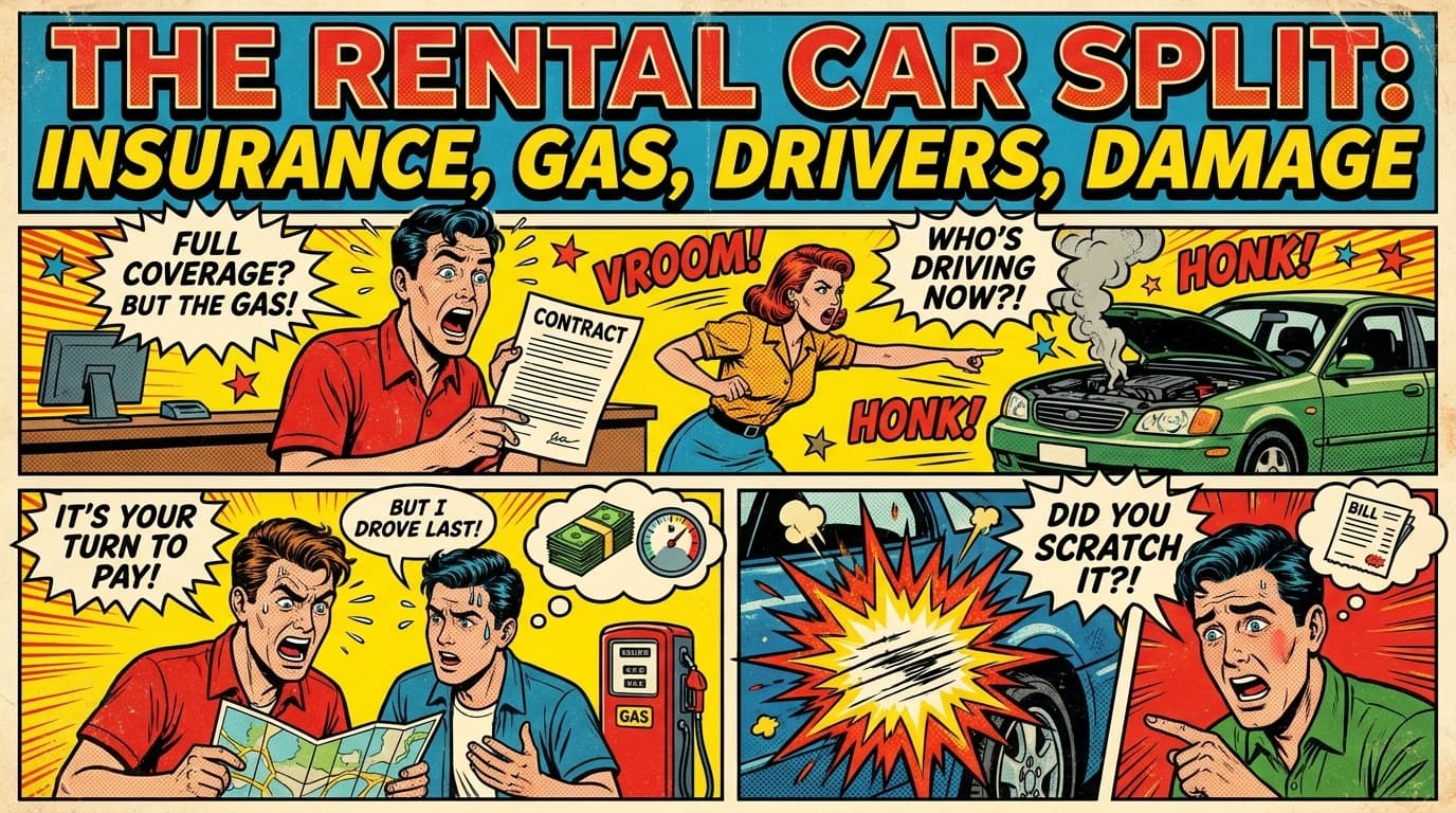Retro comic book cover illustration of friends in a rental car with a fuel gauge and dollar signs floating around, bold colors and halftone textures