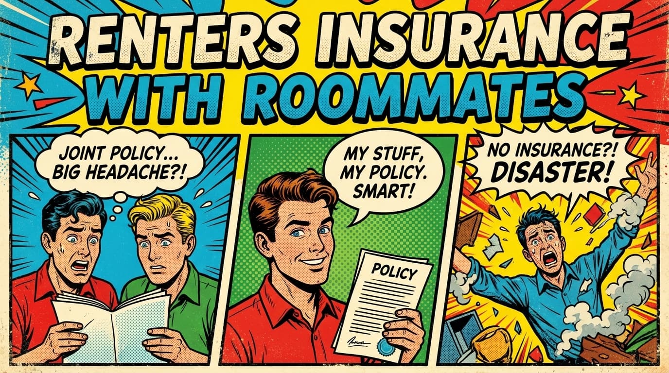 Retro comic book cover illustration of an apartment with a shield emblem and an open umbrella, roommates standing under it, bold colors and halftone textures
