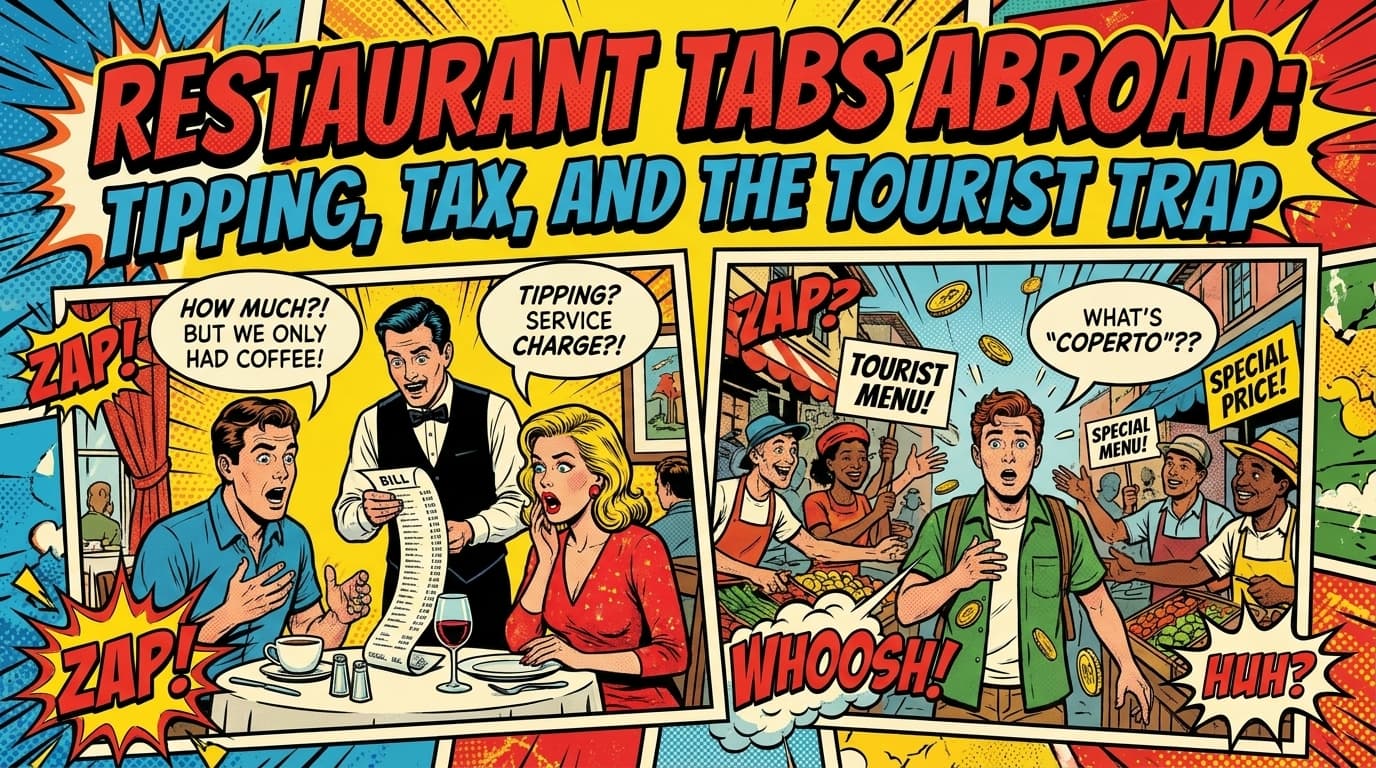 Retro comic book cover illustration of friends splitting a restaurant bill at a European cafe, with bold colors and halftone textures
