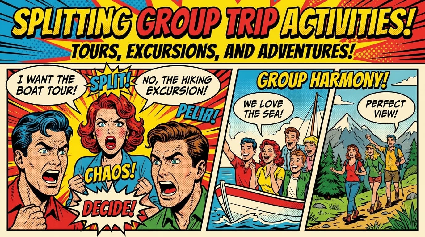 Retro comic book cover illustration of friends choosing between a hike, a boat tour, and a wine tasting, bold colors and halftone textures