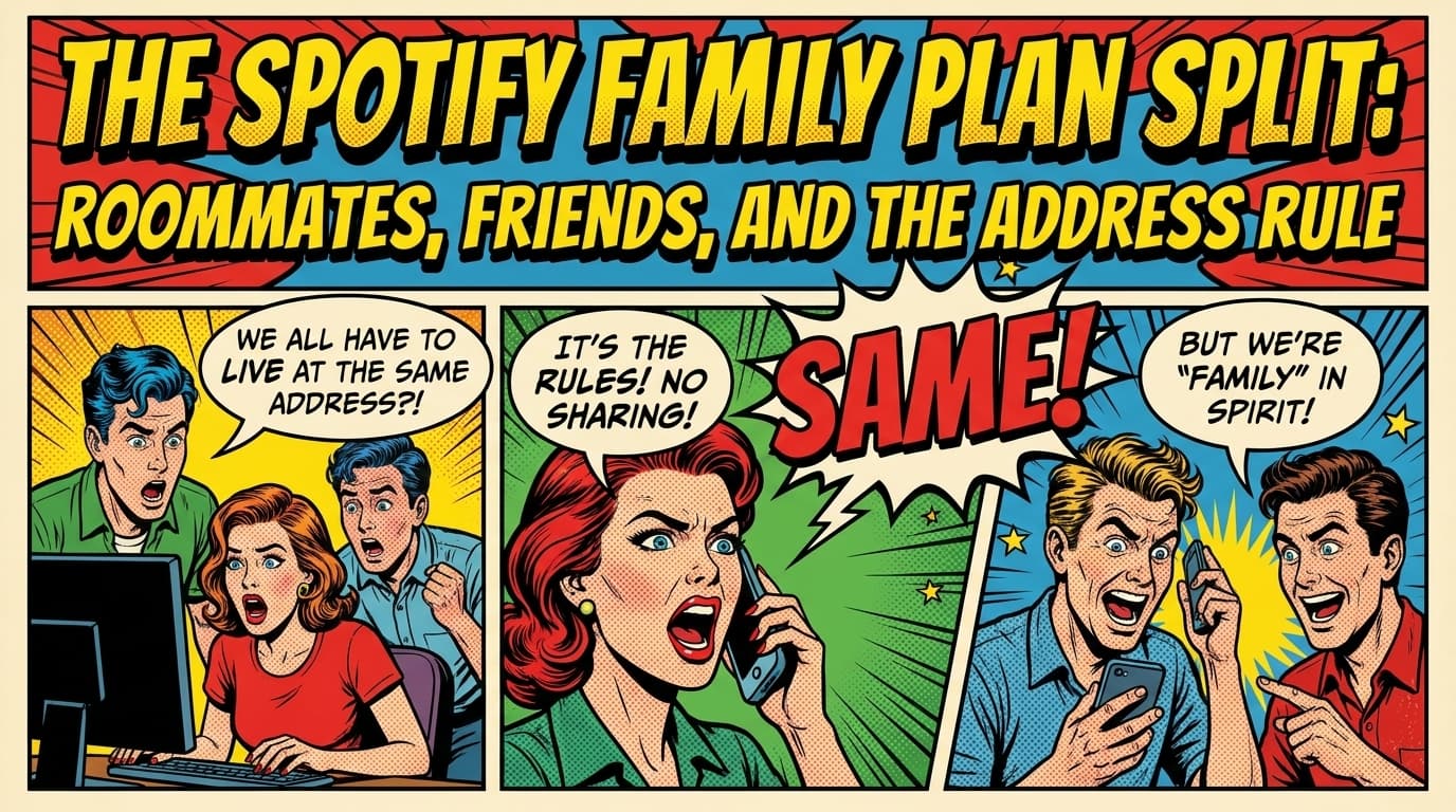 Retro comic book cover illustration of headphones on multiple people in an apartment with music notes, bold colors and halftone textures