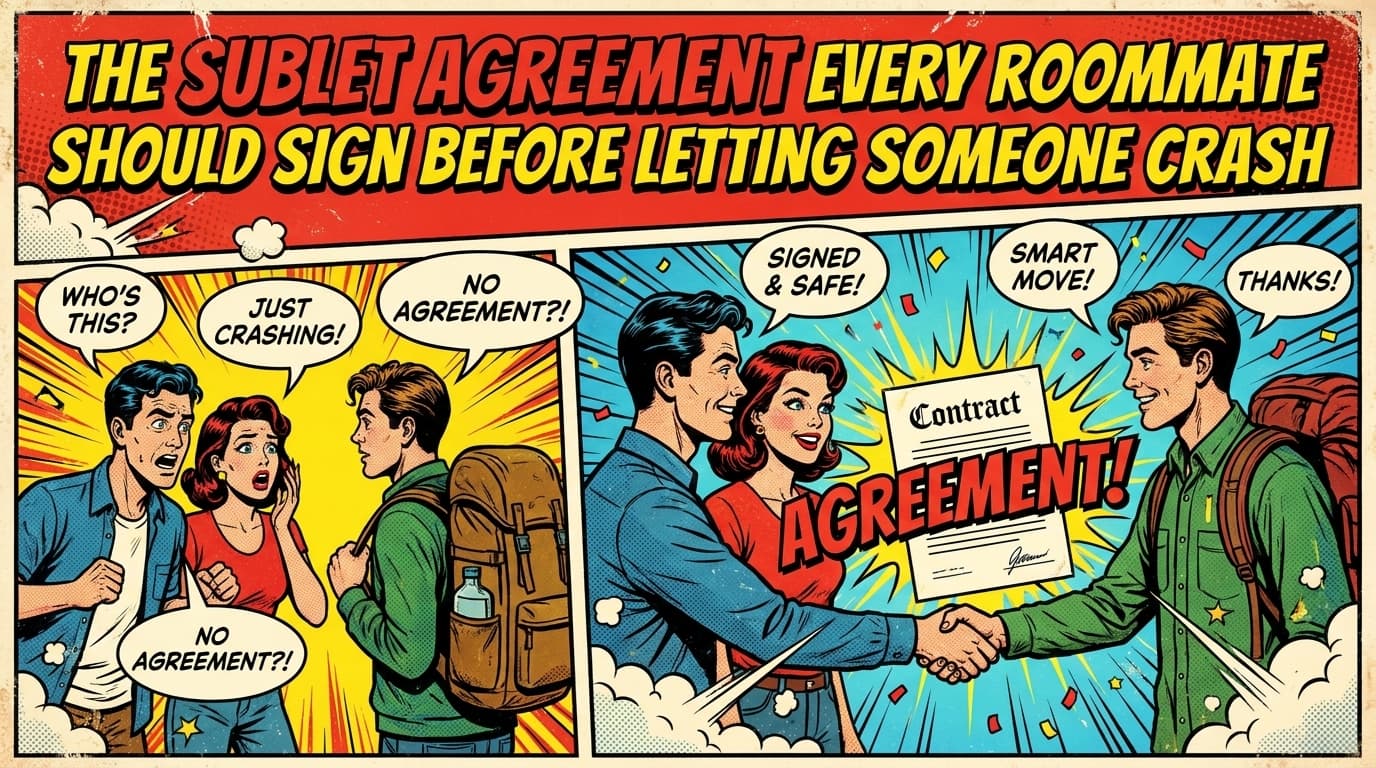 Retro comic book cover illustration of two people signing a contract with a third subletter holding a duffel bag, bold colors and halftone textures