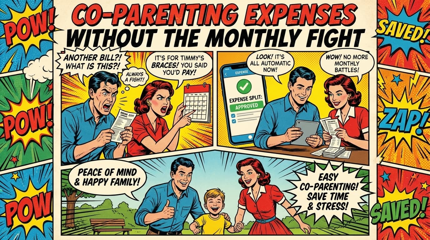 Retro comic book cover illustration of two parents and a child with a shared expense ledger between them with bold colors and halftone textures