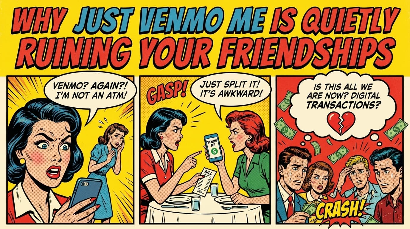 Retro comic book cover illustration of a phone with a stack of Venmo notifications piling up between two friends, with bold colors and halftone textures
