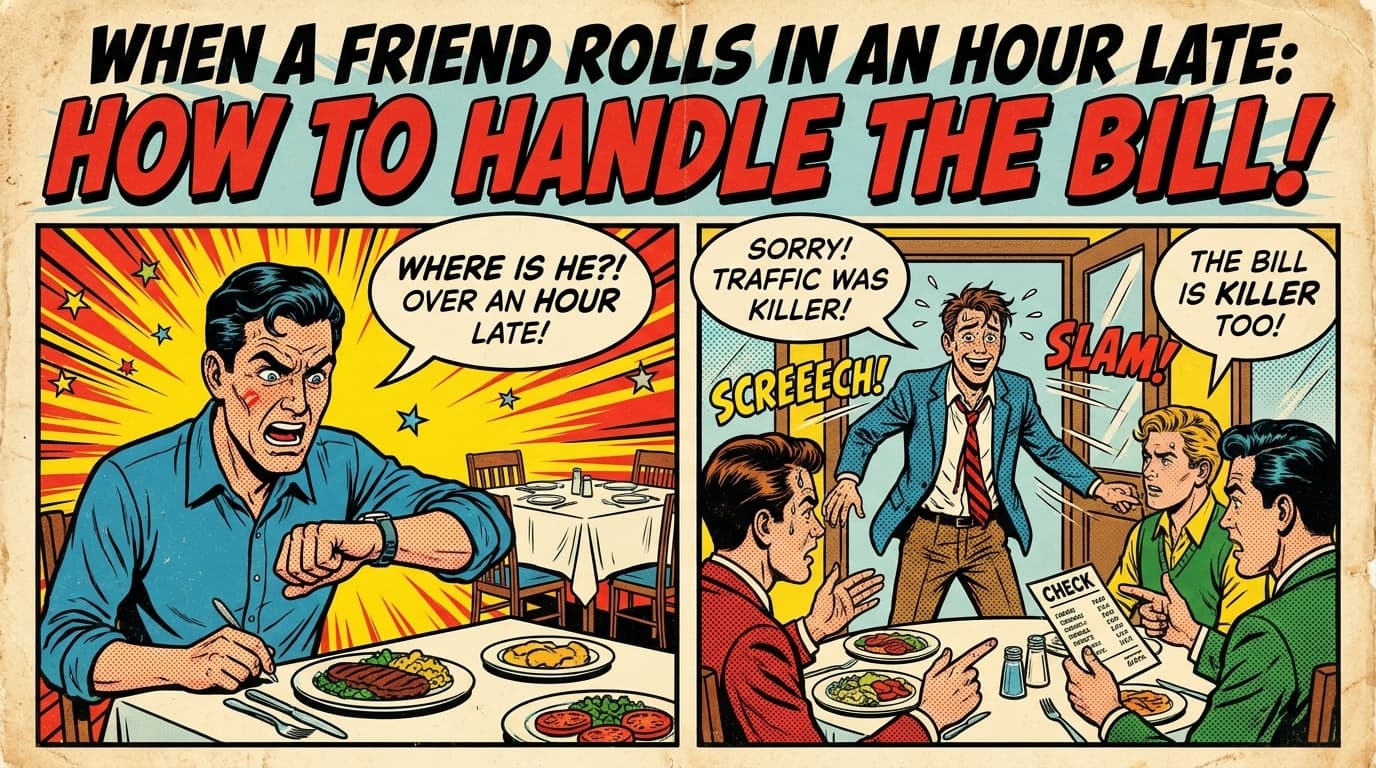 Retro comic book cover illustration of a friend arriving late to a half-finished dinner table, holding a clock, bold colors and halftone textures