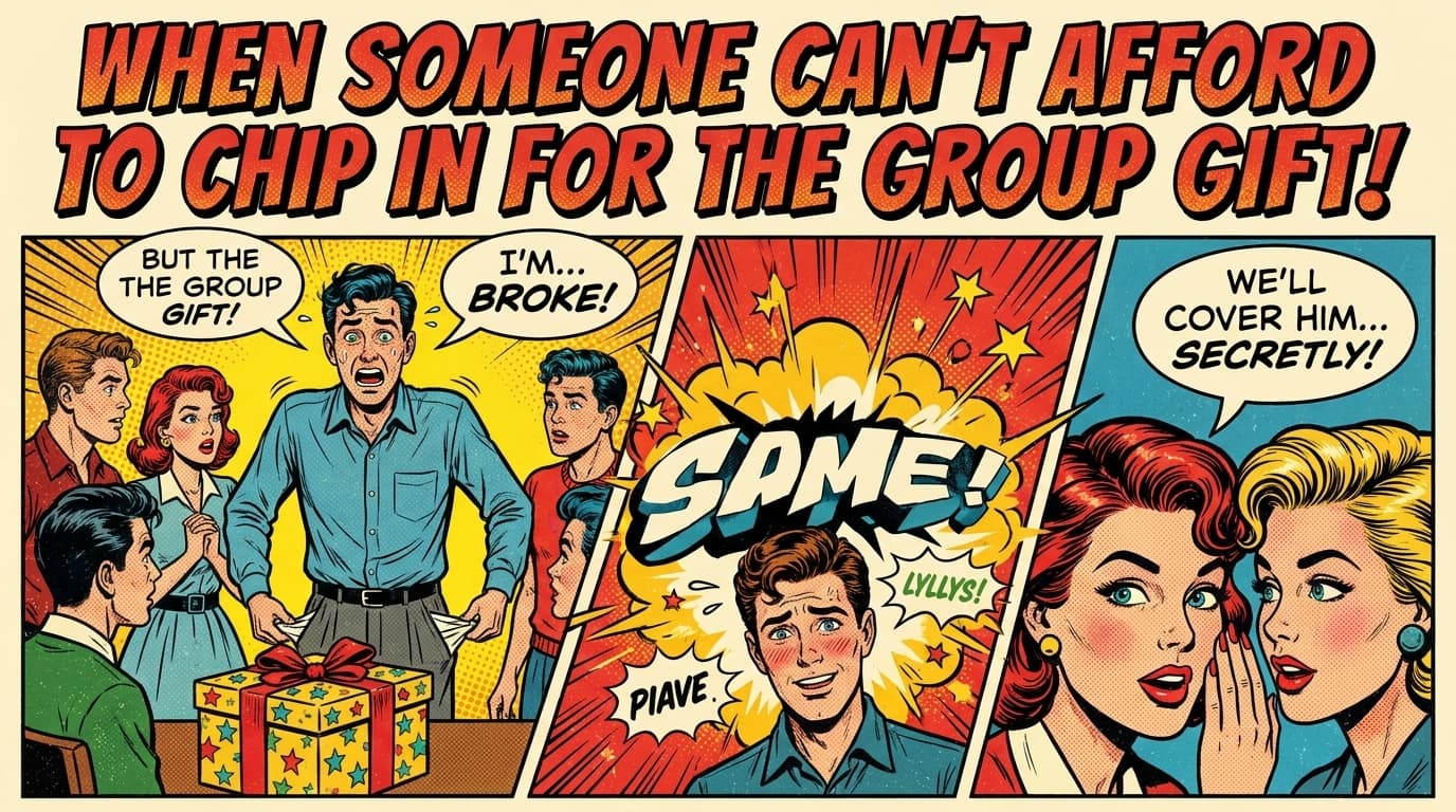 Retro comic book cover illustration of a group of friends gathered around a wrapped gift, one looking concerned about money, bold colors and halftone textures